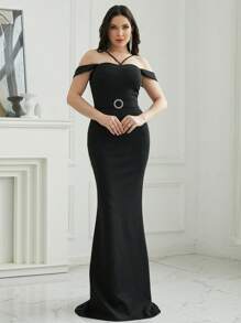 Missord 一字肩水鑽裝飾魚尾裙下擺正式洋裝 - 黑色 - 查看 1