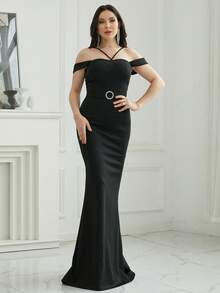 Missord 一字肩水鑽裝飾魚尾裙下擺正式洋裝 - 黑色 - 查看 3