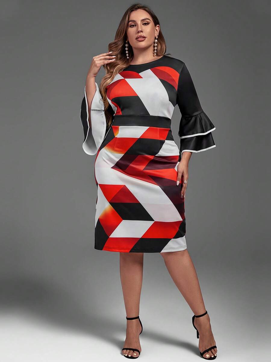Plus Geo Print Flounce Sleeve Dress - Multicolor - View 1