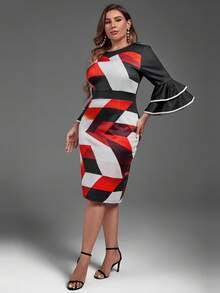 Plus Geo Print Flounce Sleeve Dress - Multicolor - View 3