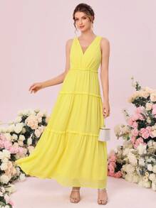 SHEIN Belle Solid Frill Trim Ruffle Hem Bridesmaid Dress - Yellow - View 4