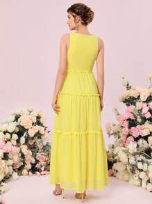 SHEIN Belle Solid Frill Trim Ruffle Hem Bridesmaid Dress - Yellow - View 3