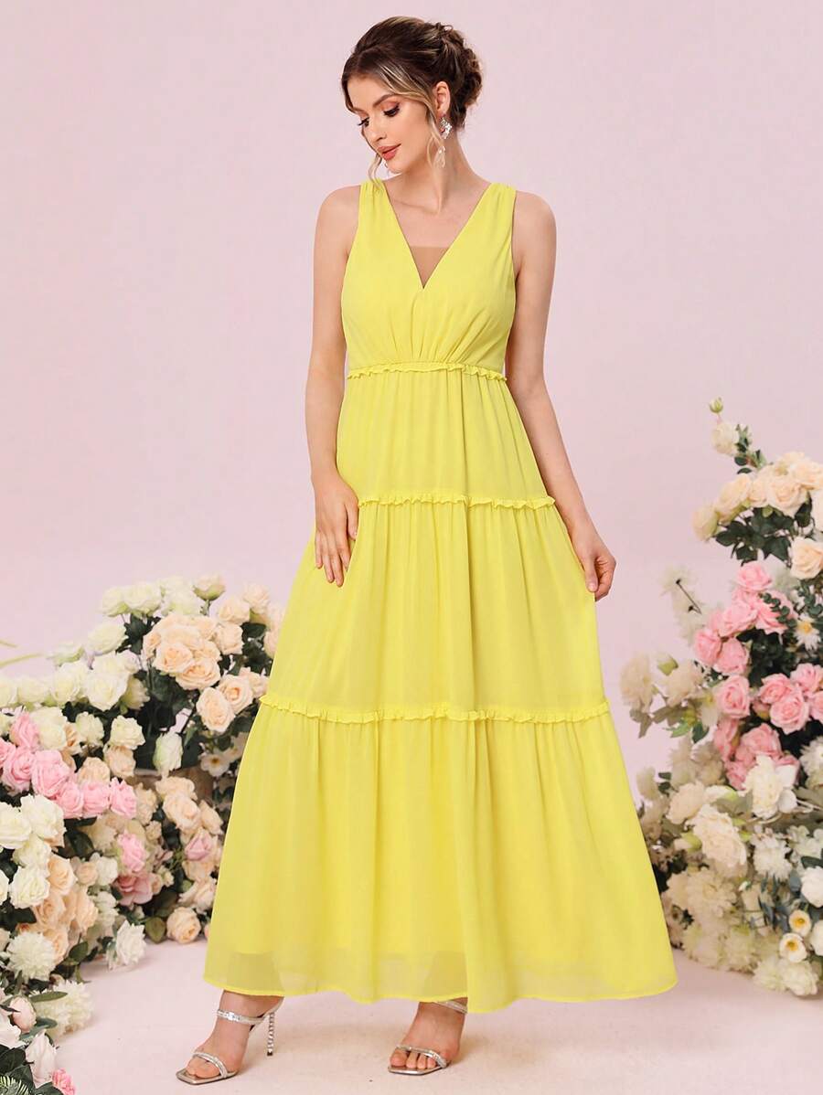 SHEIN Belle Solid Frill Trim Ruffle Hem Bridesmaid Dress - Yellow - View 1