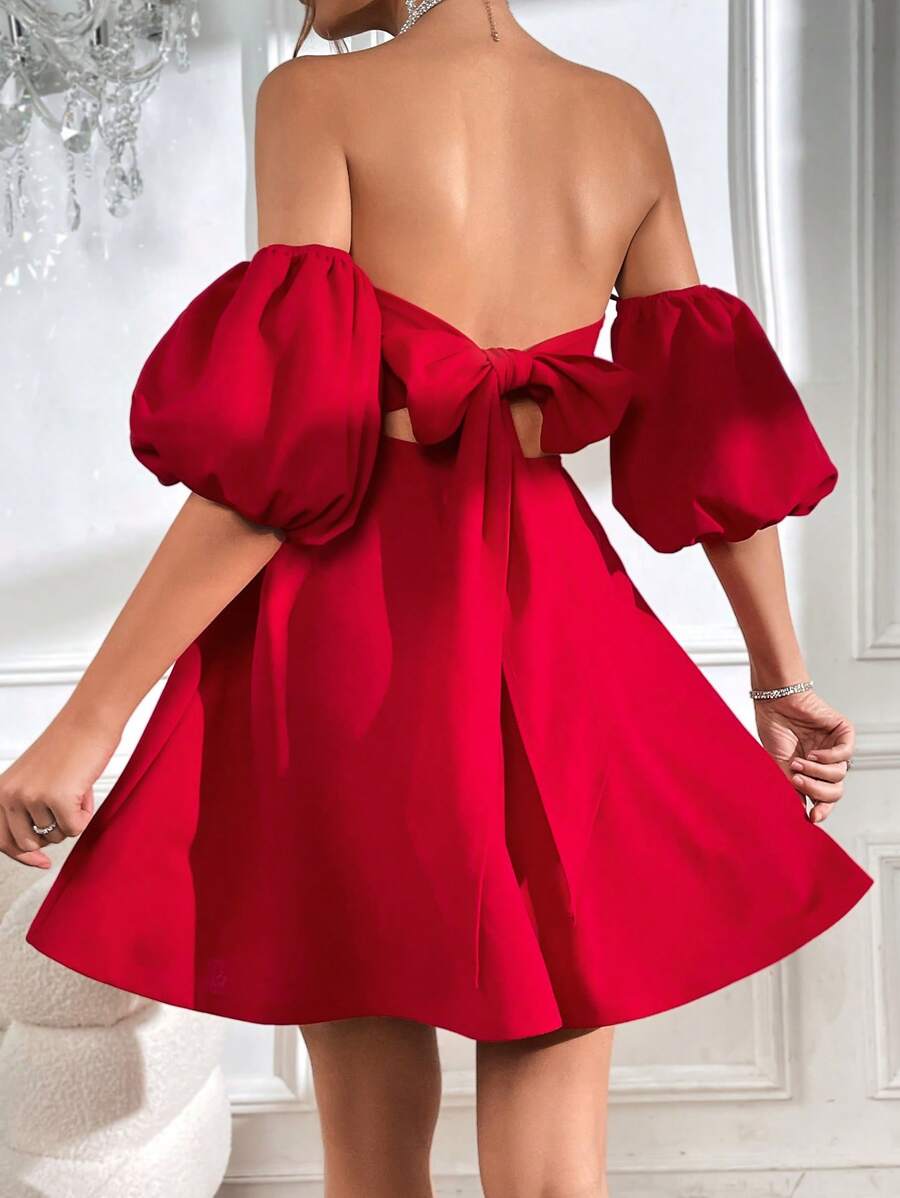 Firerie Off Shoulder Tie Backless Puff Sleeve Dress - Burgundy - View 1