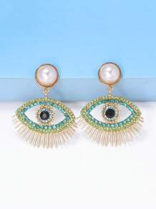 juran 1對魅力四射鋅合金人造珍珠裝飾水鑽眼睛耳墜適合女士日常裝飾 - 綠色 - 查看 1