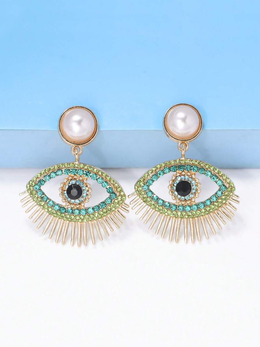 juran 1對魅力四射鋅合金人造珍珠裝飾水鑽眼睛耳墜適合女士日常裝飾 - 綠色 - 查看 1