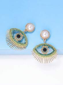 juran 1對魅力四射鋅合金人造珍珠裝飾水鑽眼睛耳墜適合女士日常裝飾 - 綠色 - 查看 2