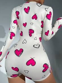 SHEIN Heart Print Button Front Romper - Hot Pink - View 2
