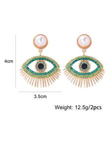 juran 1對魅力四射鋅合金人造珍珠裝飾水鑽眼睛耳墜適合女士日常裝飾 - 綠色 - 查看 3