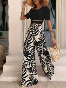 Breezaya Solid Crop Tee & Tropical Print Wide Leg Trousers - Black and White - View 5