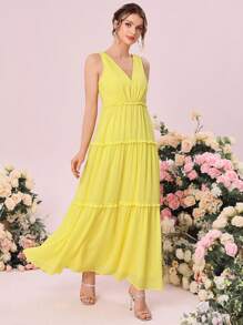 SHEIN Belle Solid Frill Trim Ruffle Hem Bridesmaid Dress - Yellow - View 2