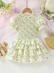 小女童碎花泡泡袖荷葉邊洋裝