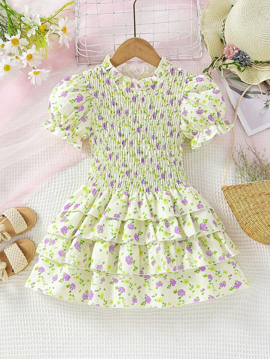 小女童碎花泡泡袖荷葉邊洋裝