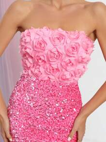 Stereo Flower Sequin Tube Bodycon Dress - Pink - View 4