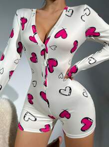 SHEIN Heart Print Button Front Romper - Hot Pink - View 3