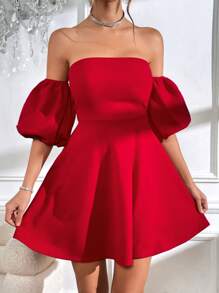 Firerie Off Shoulder Tie Backless Puff Sleeve Dress - Burgundy - View 3