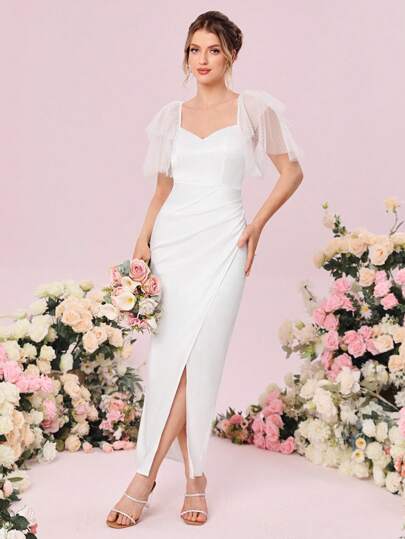 SHEIN Belle Contrast Mesh Flounce Sleeve Wrap Hem Wedding Dress White Elegant Bridal Dress, Bridal Shower Dress White Dress,Bride