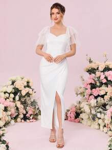 SHEIN Belle 網紗拼接蝴蝶袖圍裹下擺婚紗連衣裙 - 白色 - 查看 6