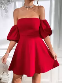 Firerie Off Shoulder Tie Backless Puff Sleeve Dress - Burgundy - View 5