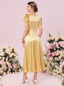 SHEIN Belle 1入組前收褶泡泡袖伴娘連衣裙 - 黃色 - 查看 4