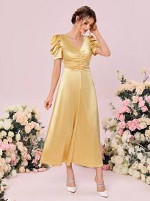 SHEIN Belle 1入組前收褶泡泡袖伴娘連衣裙 - 黃色 - 查看 5