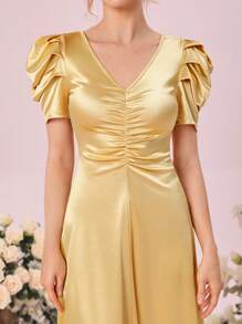 SHEIN Belle 1入組前收褶泡泡袖伴娘連衣裙 - 黃色 - 查看 6