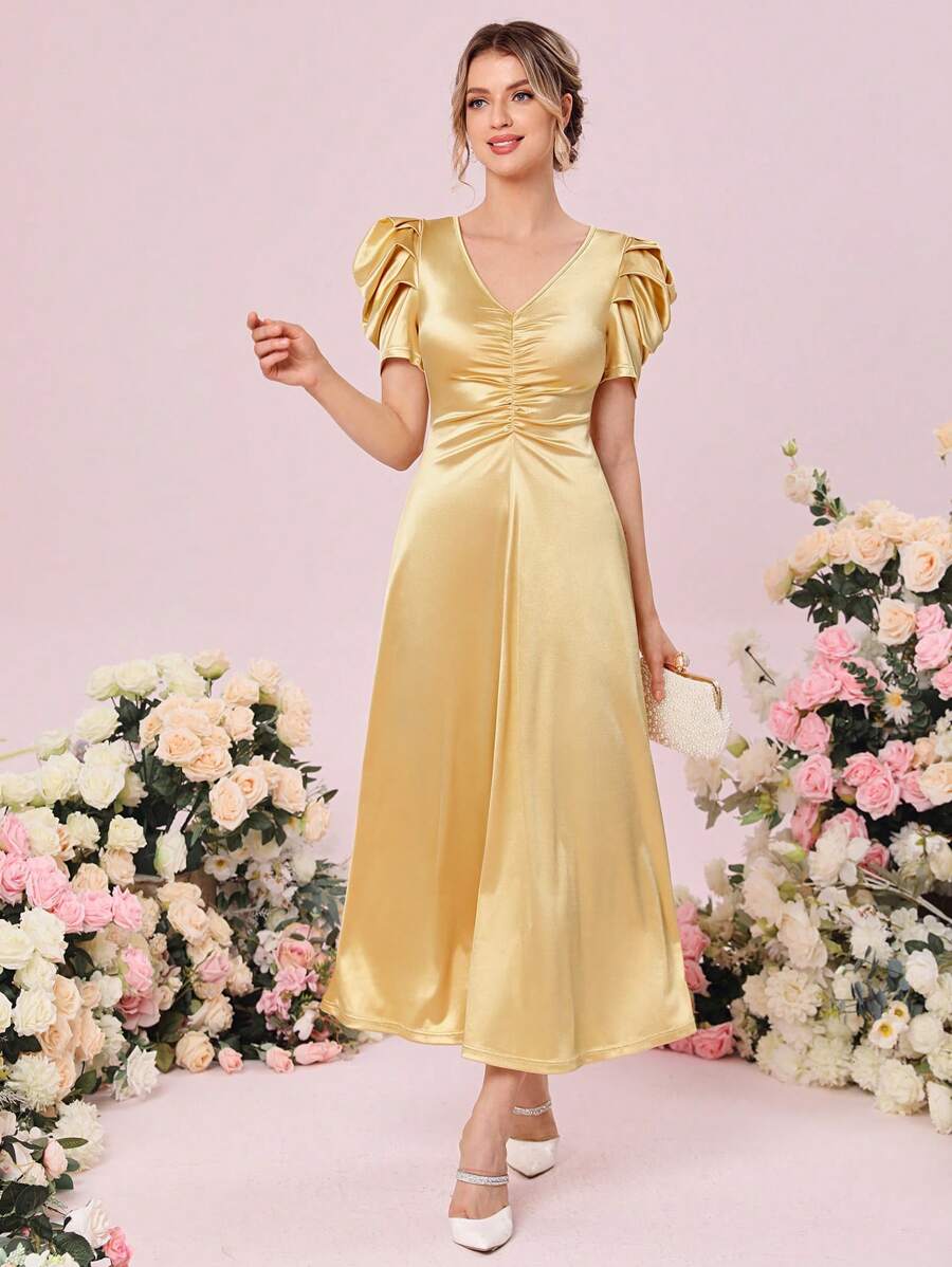 SHEIN Belle 1入組前收褶泡泡袖伴娘連衣裙 - 黃色 - 查看 1