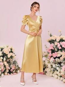 SHEIN Belle 1入組前收褶泡泡袖伴娘連衣裙 - 黃色 - 查看 7