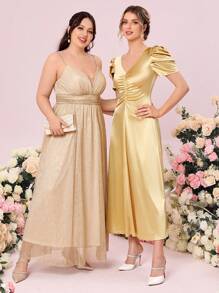 SHEIN Belle 1入組前收褶泡泡袖伴娘連衣裙 - 黃色 - 查看 8