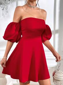Firerie Off Shoulder Tie Backless Puff Sleeve Dress - Burgundy - View 7