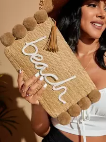 SHEIN VCAY Bolsa de palha decorada com pompom bordado, bolsa de tecido trançado, perfeita para viagens de verão, para atividades ao ar livre, essenciais de verão, bolsas femininas de praia para férias e feriados - Café - Visão 1