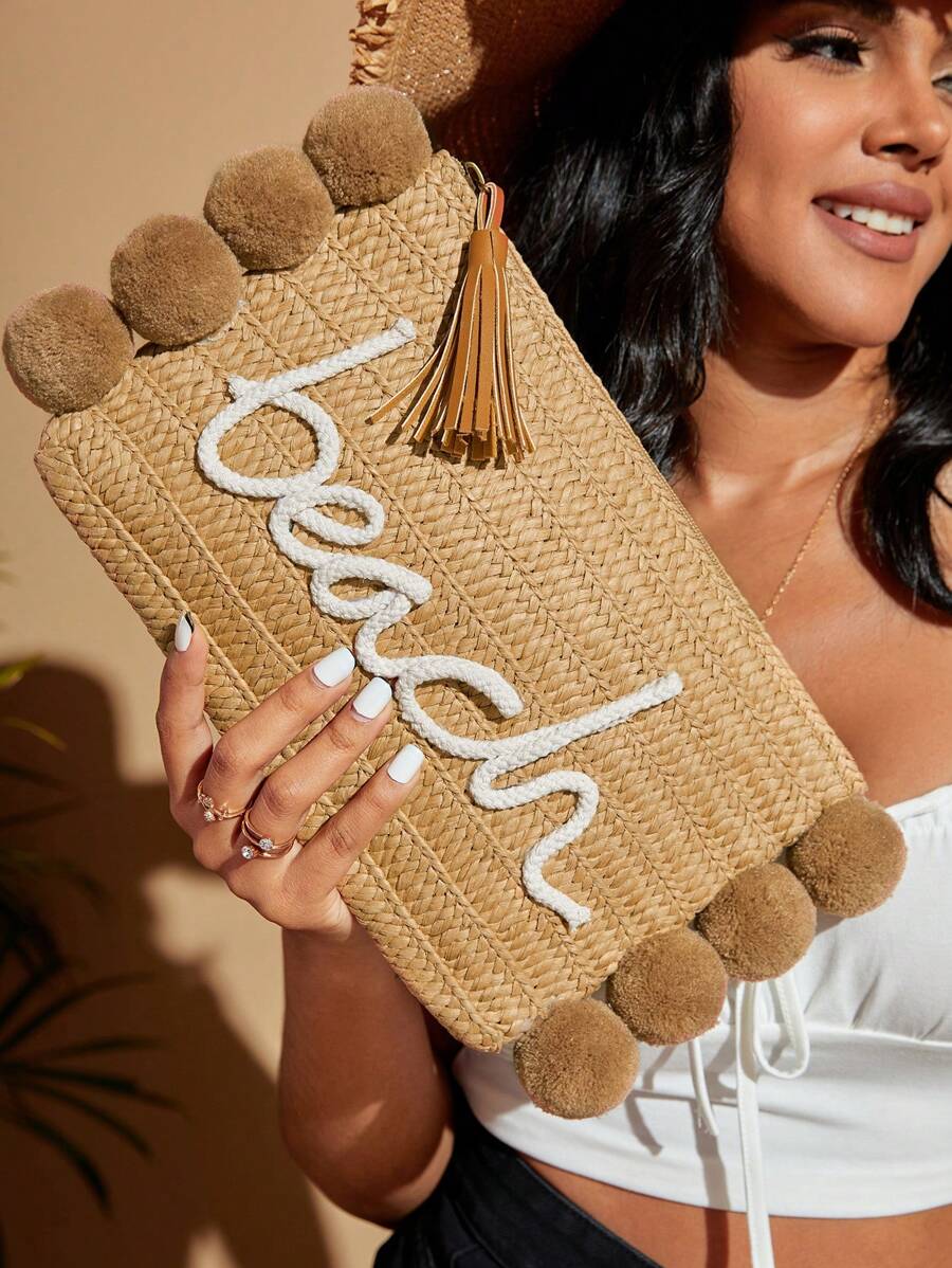 SHEIN VCAY Bolsa de palha decorada com pompom bordado, bolsa de tecido trançado, perfeita para viagens de verão, para atividades ao ar livre, essenciais de verão, bolsas femininas de praia para férias e feriados - Café - Visão 1