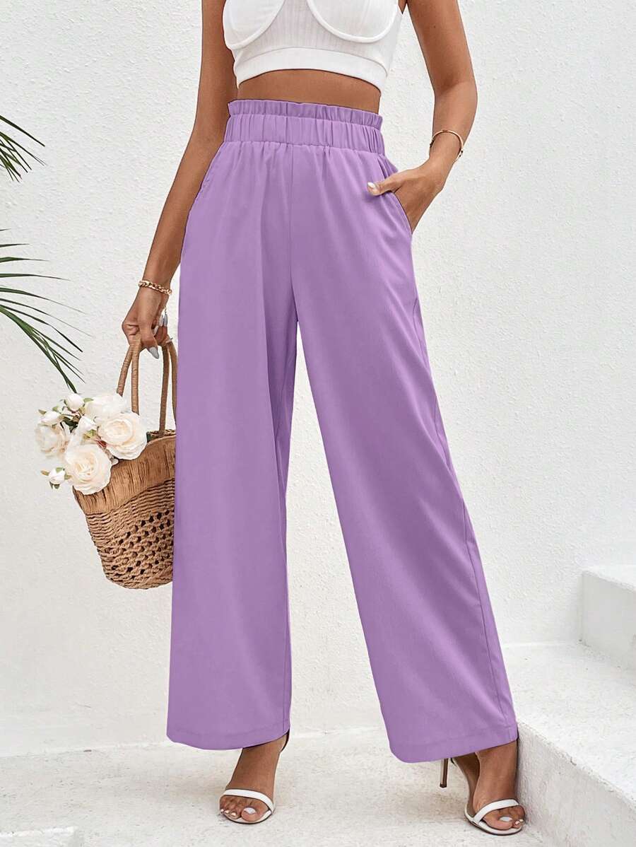 SHEIN VCAY Paperbag Waist Wide Leg Trousers - Purple - View 1