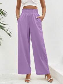 SHEIN VCAY Paperbag Waist Wide Leg Trousers - Purple - View 3