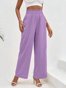 SHEIN VCAY Paperbag Waist Wide Leg Trousers - Purple - View 4