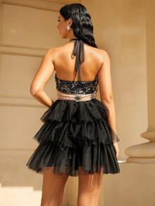 Missord Contrast Sequin Mesh Overlay Halter Dress