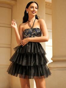 Missord Contrast Sequin Mesh Overlay Halter Dress