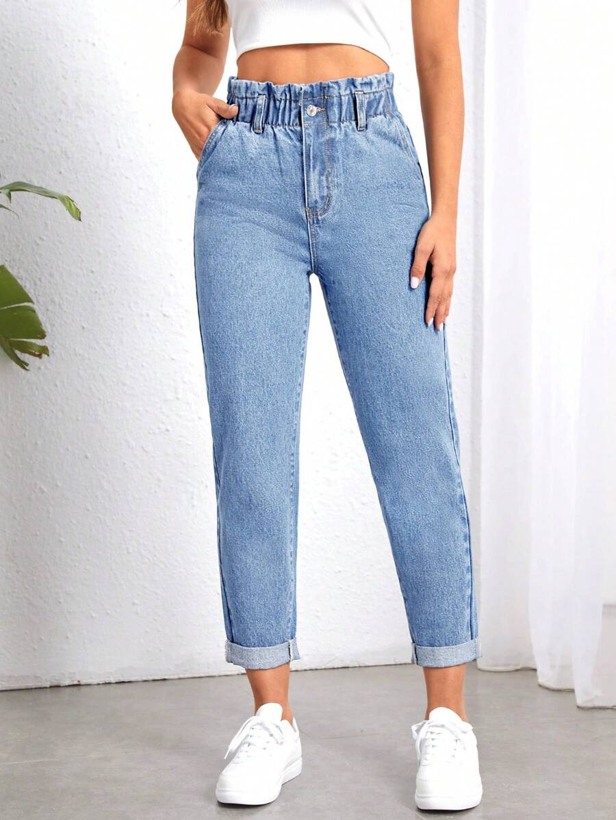 SHEIN Essnce 紙袋腰反摺褲腳牛仔褲 - 淺色水洗藍 - 查看 1