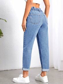 SHEIN Essnce 紙袋腰反摺褲腳牛仔褲 - 淺色水洗藍 - 查看 2