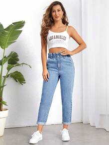 SHEIN Essnce 紙袋腰反摺褲腳牛仔褲 - 淺色水洗藍 - 查看 3