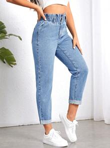 SHEIN Essnce 紙袋腰反摺褲腳牛仔褲 - 淺色水洗藍 - 查看 4