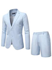 Manfinity Mode 男士條紋印花口袋貼布西裝外套帶短褲 - 淺藍色 - 查看 1