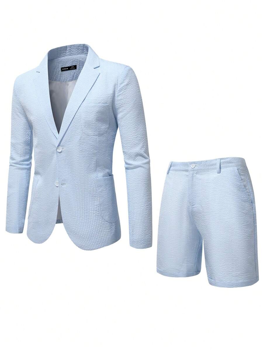 Manfinity Mode 男士條紋印花口袋貼布西裝外套帶短褲 - 淺藍色 - 查看 1