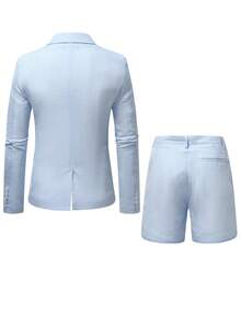 Manfinity Mode 男士條紋印花口袋貼布西裝外套帶短褲 - 淺藍色 - 查看 2