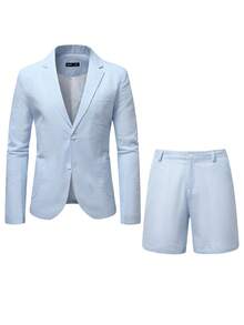 Manfinity Mode 男士條紋印花口袋貼布西裝外套帶短褲 - 淺藍色 - 查看 3