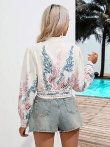 Aveloria Camisa con estampado de plantas con botón delantero - Blanco - Ver 2