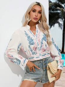 Aveloria Camisa con estampado de plantas con botón delantero - Blanco - Ver 6