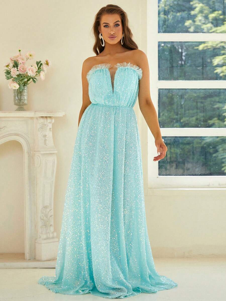 Missord Contrast Mesh Sequin Decor Floor Length Tube Formal Dress - Blue - View 1