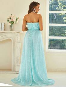 Missord Contrast Mesh Sequin Decor Floor Length Tube Formal Dress - Blue - View 2