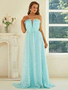 Missord Contrast Mesh Sequin Decor Floor Length Tube Formal Dress - Blue - View 3